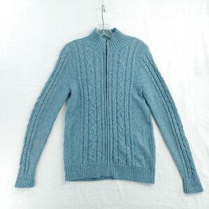 L.L.Bean Medium Blue Marled Cable Knit Full Zip Mock Neck Cardigan Sweater